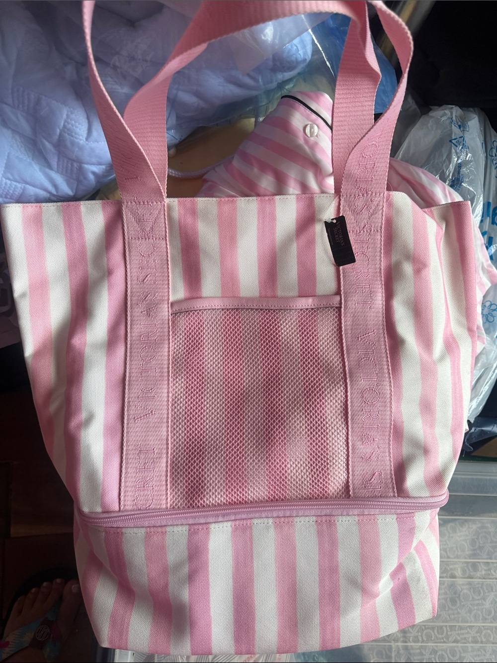 Victoria’s Secret Striped Pink Canvas Tote with Front Mesh Pocket and insulated